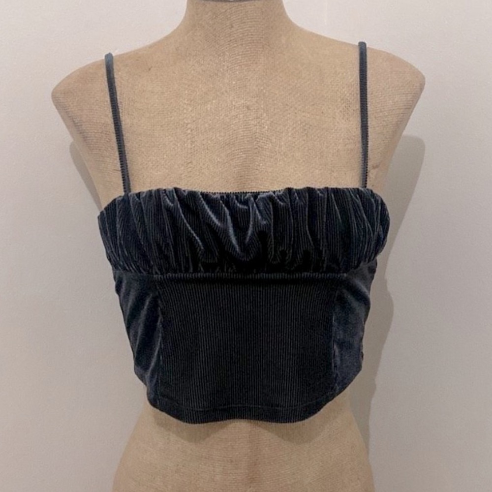 Urban Outfitters Blue Velvet Ribbed Cropped Tank Top, Size Large Women's